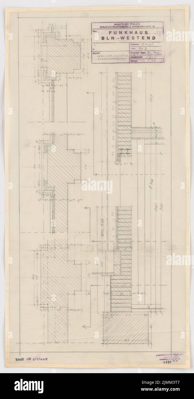 Poelzig Hans (1869-1936), Casa della radio, Berlino (02.08.1929): Progetto di esecuzione, Keller Masurenfront, tagli 1:10. Matita su trasparente, 70,6 x 36,7 cm (inclusi i bordi di scansione) Foto Stock