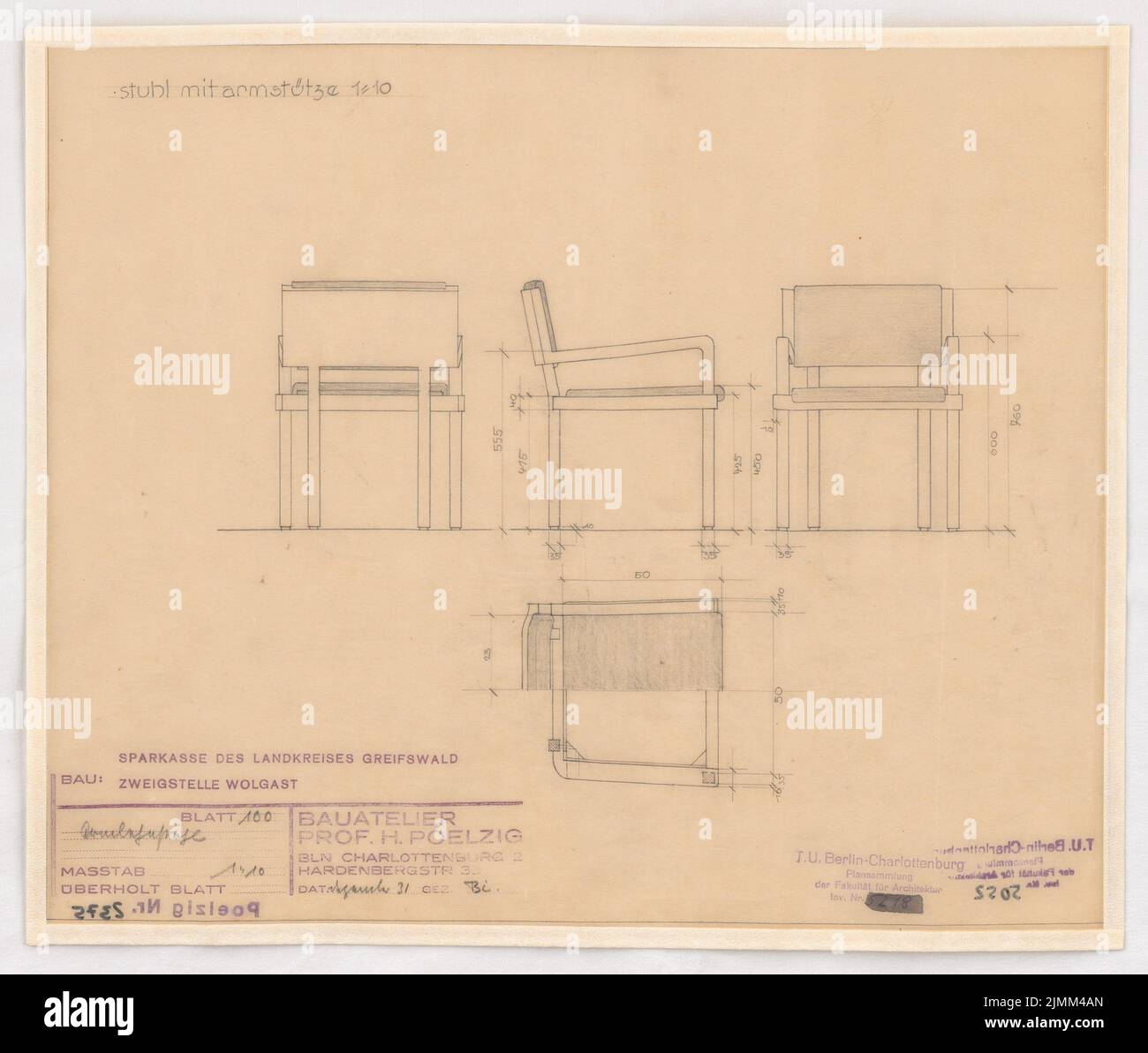 Poelzig Hans (1869-1936), Kreissparkasse Wolgast (12,1931): Progetto di esecuzione, sedia con bracciolo, vista, supervisione, pianta 1:10. Matita su trasparente, 30,5 x 35,9 cm (inclusi i bordi di scansione) Foto Stock