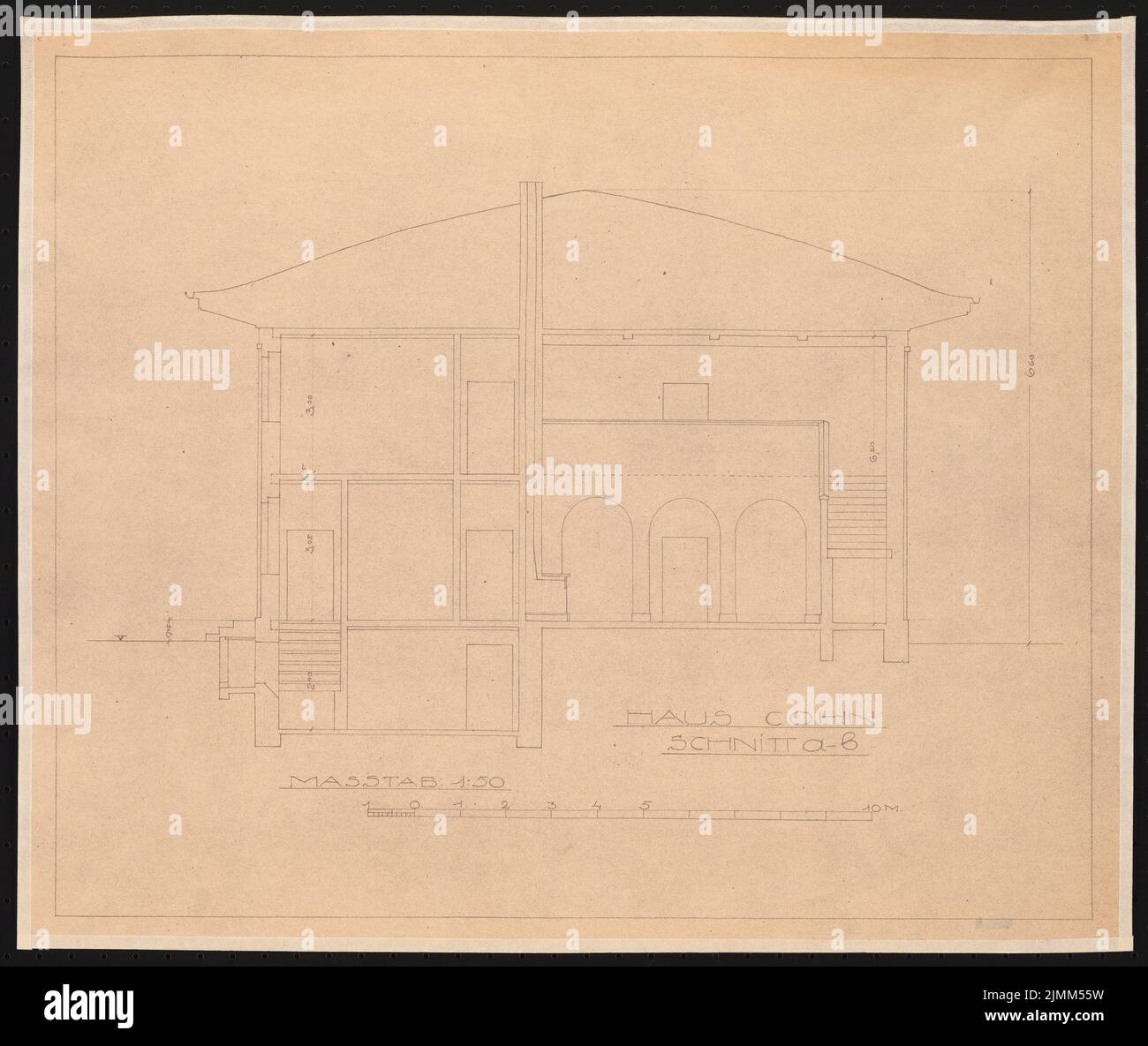 Poelzig Hans (1869-1936), Haus Cohn, Haifa (senza un anno): Taglio A-B 1:50. Rottura leggera sulla carta, 42 x 49,8 cm (inclusi i bordi di scansione) Foto Stock