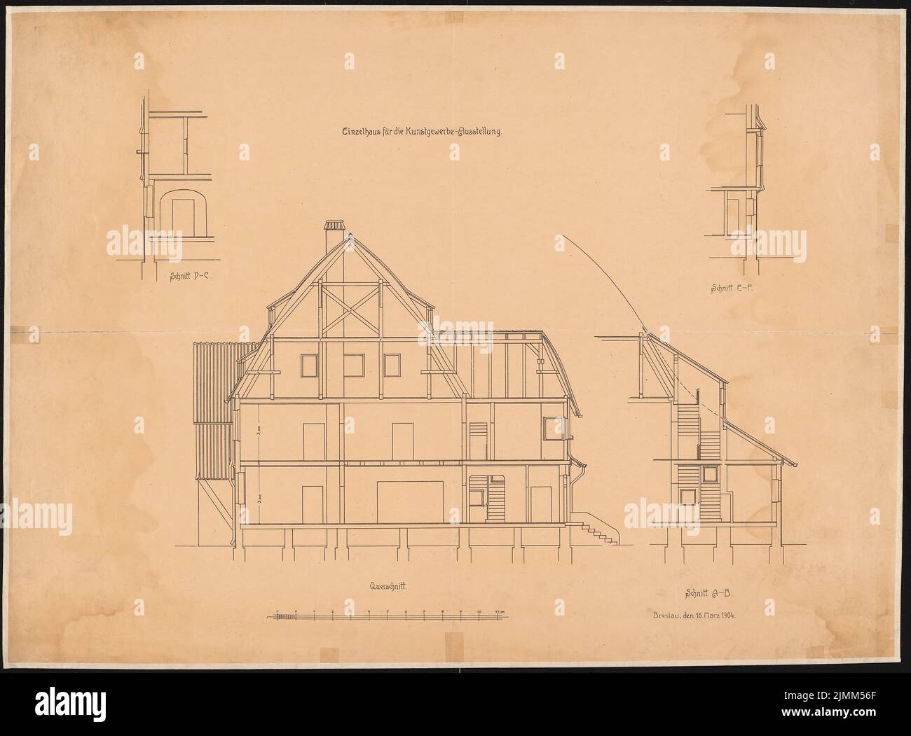 Poelzig Hans (1869-1936), mostra artistica e commerciale 1904 a Breslavia. Casa singola (15 marzo 1904): Sezione trasversale, 3 tagli parziali 1:50 (come Inv.No. 2534). Rottura leggera sulla carta, 71,2 x 96,3 cm (inclusi i bordi di scansione) Foto Stock