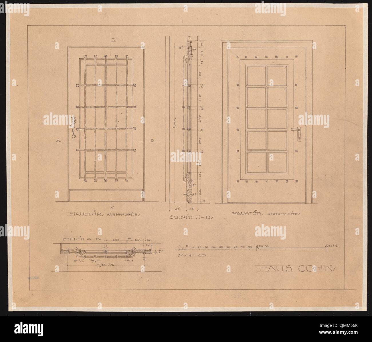 Poelzig Hans (1869-1936), Haus Cohn, Haifa (senza anno): Porta d'ingresso, pianta del pavimento, vista, taglio 1:10. Rottura leggera sulla carta, 44,6 x 52,4 cm (inclusi i bordi di scansione) Foto Stock