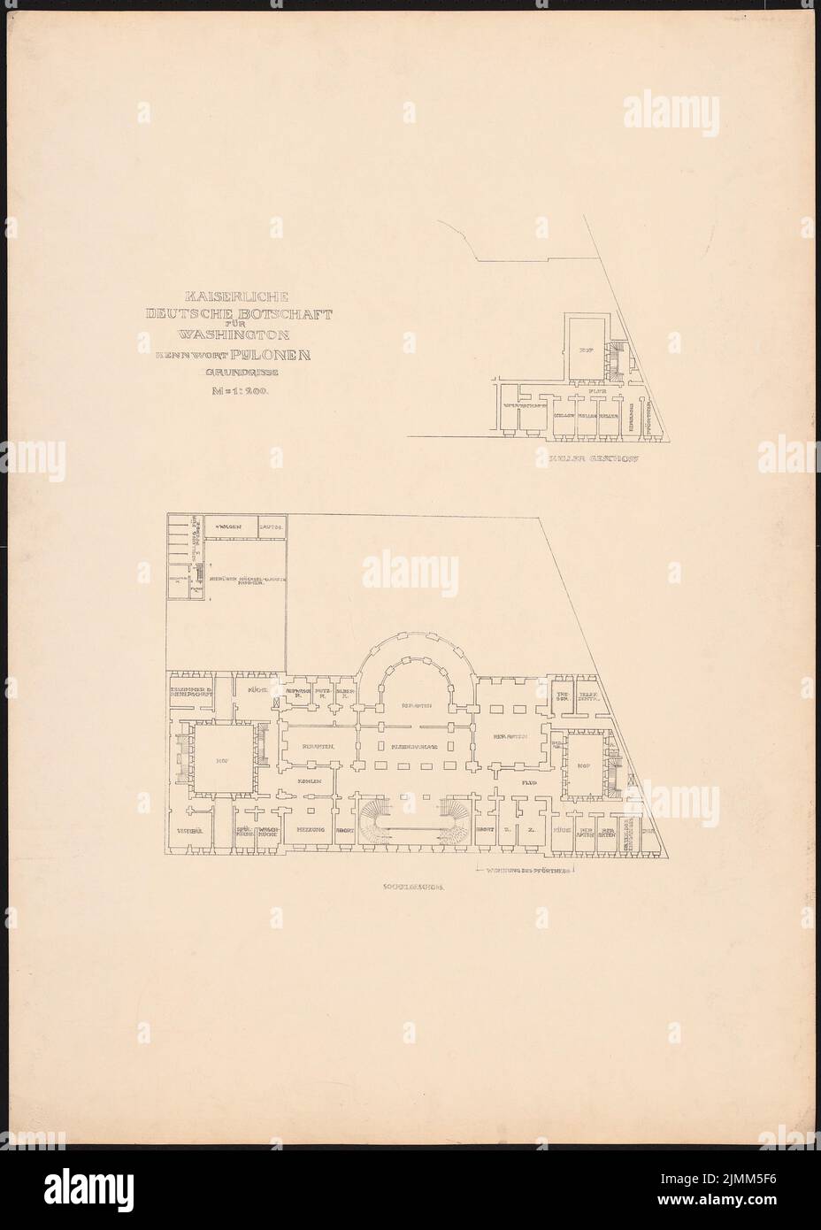 Poelzig Hans (1869-1936), Ambasciata imperiale tedesca a Washington (1910): Grundriss KG e piano base 1: 200. Rottura leggera su cartone, 103,4 x 73,8 cm (inclusi i bordi di scansione) Foto Stock