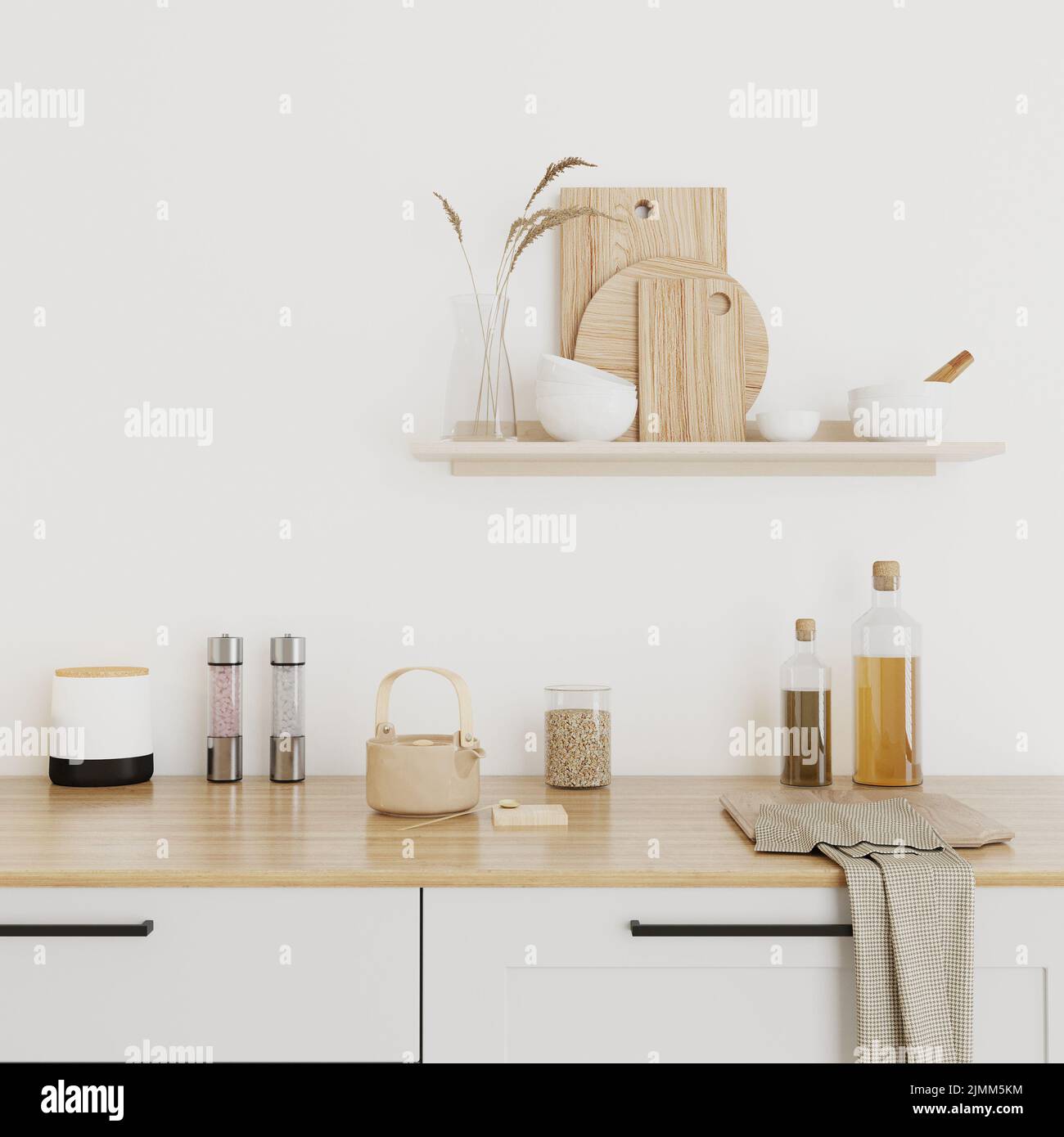 Interno cucina in stile casale con stoviglie, 3D rendering Foto Stock
