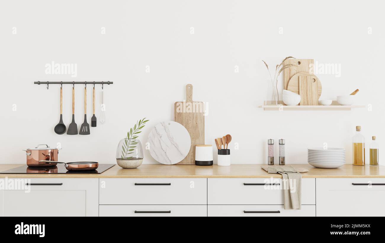 Cucina interna in stile casale, piano in legno con utensili da cucina, stufa, 3D rendering Foto Stock