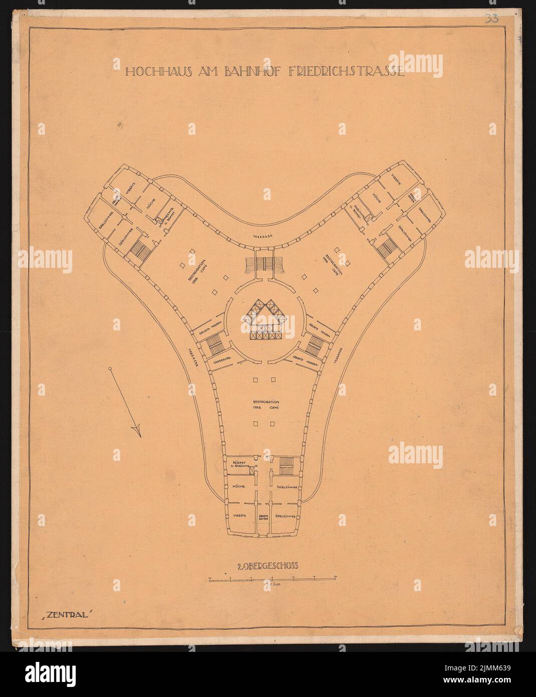 Poelzig Hans (1869-1936), stazione ferroviaria Hochhaus am Friedrichstrasse, Berlino (ca 1921): Pianta 1: 200. Inchiostro su trasparente, 76,9 x 63,3 cm (inclusi i bordi di scansione) Foto Stock