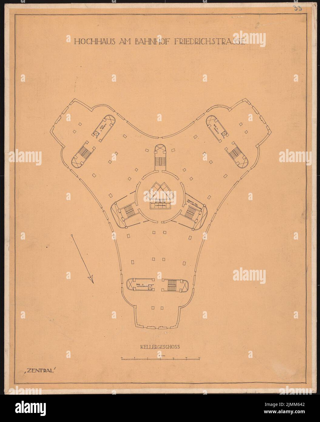 Poelzig Hans (1869-1936), stazione ferroviaria Hochhaus am Friedrichstrasse, Berlino (ca 1921): Grundriss KG 1: 200. Inchiostro su trasparente, 75,9 x 61,6 cm (inclusi i bordi di scansione) Foto Stock