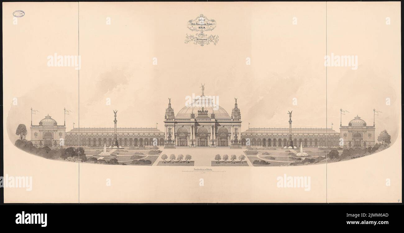 Poetsch otto (1848-1915), World Exhibition Palace, Berlino. Concorso Schinkel 1881 (1880): Vista 1: 250. Acquerello Tusche sulla scatola, 79,6 x 156,6 cm (inclusi i bordi di scansione) Foto Stock