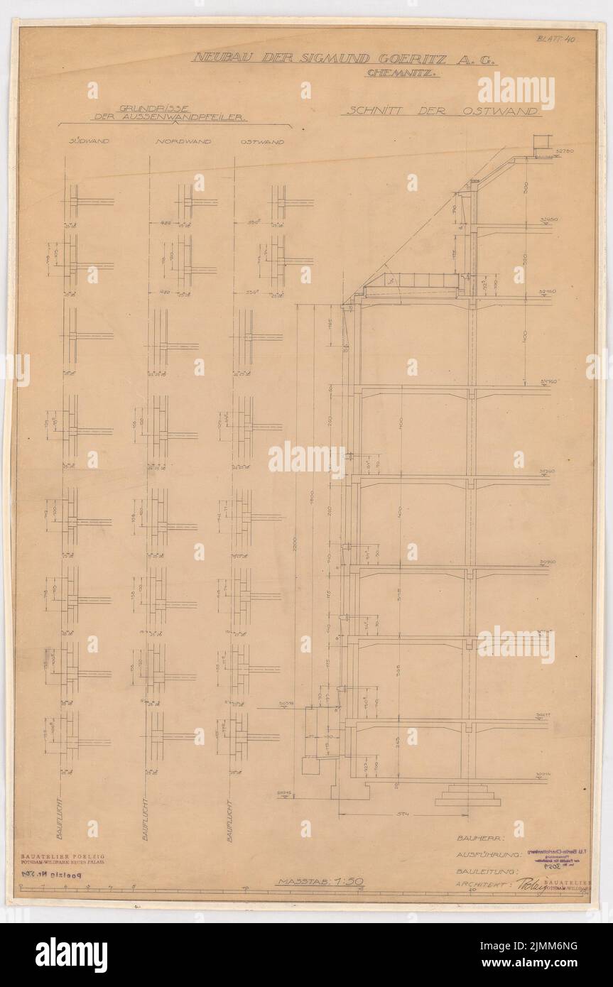 Poelzig Hans (1869-1936), stabilimento Sigmund Goeritz AG, Chemnitz (1924-1926): Progetto del 24 gennaio 1925, pianta dei pilastri delle pareti esterne, taglio parete est 1:50. Matita su trasparente, 82 x 54,5 cm (inclusi i bordi di scansione) Foto Stock