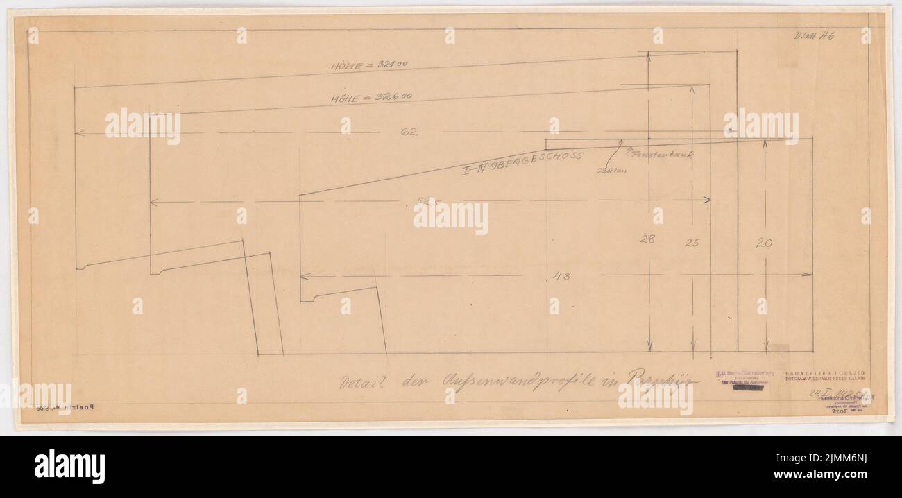 Poelzig Hans (1869-1936), Sigmund Goeritz AG, Chemnitz (24.01.1925): Progetto del 24 gennaio 1925, dettaglio dei profili delle pareti esterne. Matita su trasparente, 40,7 x 84,3 cm (inclusi i bordi di scansione) Foto Stock
