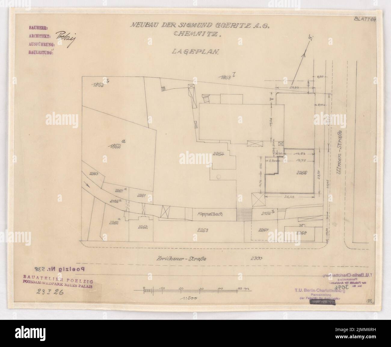 Poelzig Hans (1869-1936), Sigmund Goeritz AG, Chemnitz (23 gennaio 1926): Progetto del 23 gennaio 1926, pianta del sito 1: 500. Matita su trasparente, 33,7 x 41,3 cm (inclusi i bordi di scansione) Foto Stock