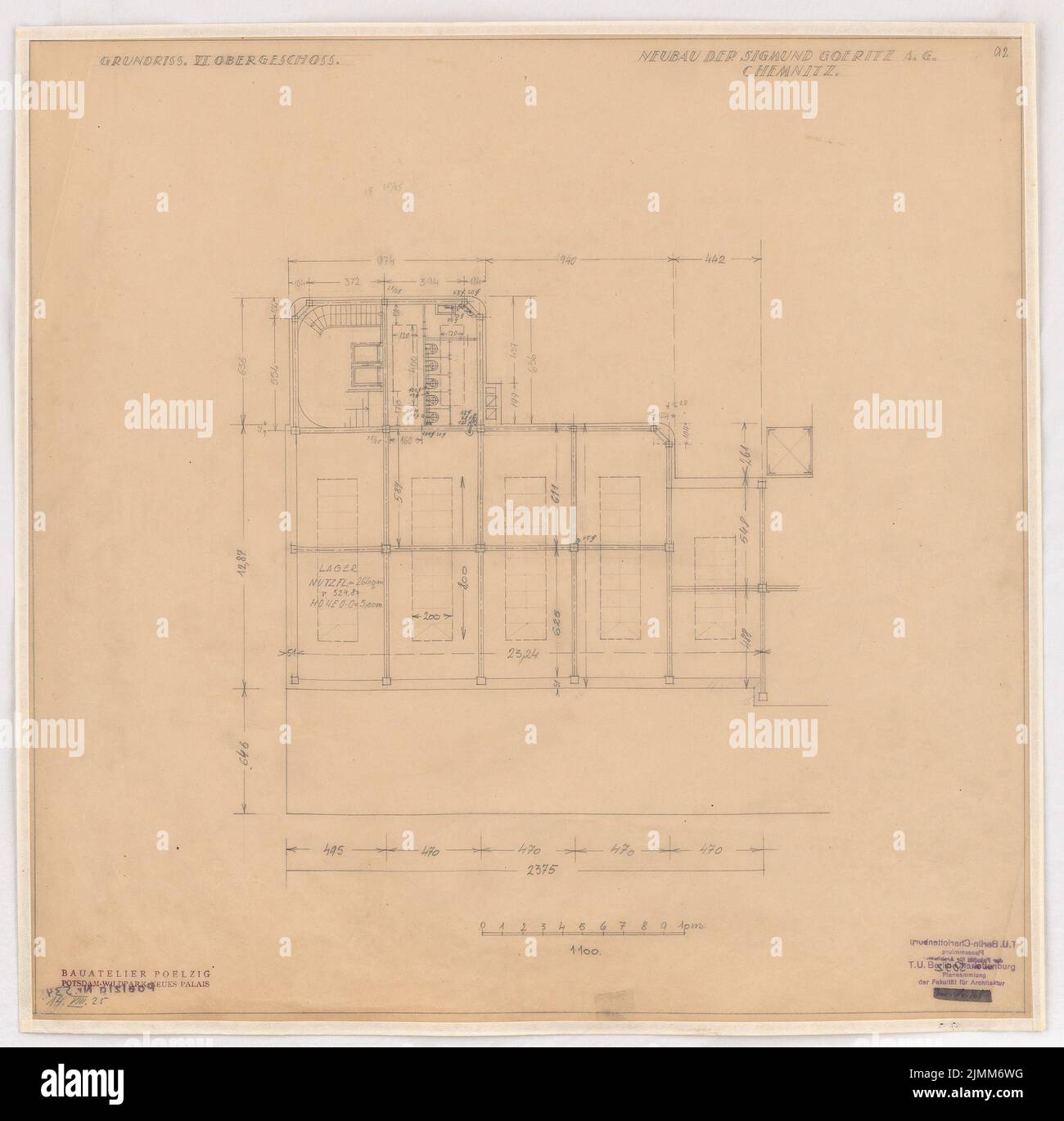 Poelzig Hans (1869-1936), Sigmund Goeritz AG, Chemnitz (14.08.1925): Progetto dal 14 agosto 1925, piano 6th piano 1: 100. Matita su trasparente, 51,7 x 52,6 cm (inclusi i bordi di scansione) Foto Stock
