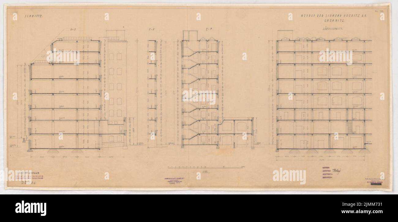 Poelzig Hans (1869-1936), Sigmund Goeritz AG, Chemnitz (23.01.1926): Progetto del 23,1.1926, sezioni A-B, C-D, e-F, sezione longitudinale 1: 100. Matita su trasparente, 52,2 x 106,7 cm (inclusi i bordi di scansione) Foto Stock