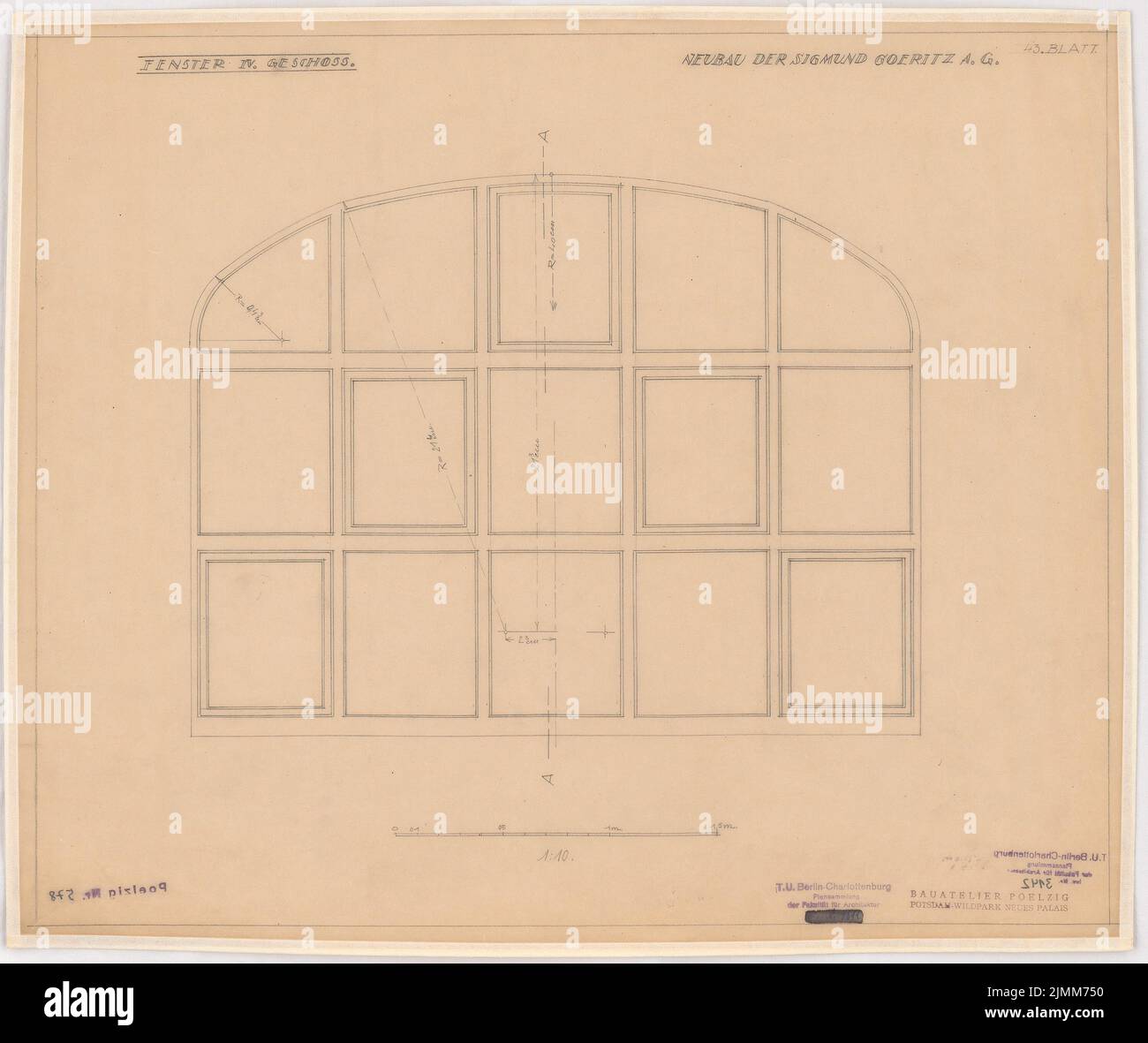 Poelzig Hans (1869-1936), Sigmund Goeritz AG, Chemnitz (1924-1926): Finestra 4th piano, vista 1:10. Matita su trasparente, 44,8 x 53,4 cm (inclusi i bordi di scansione) Foto Stock