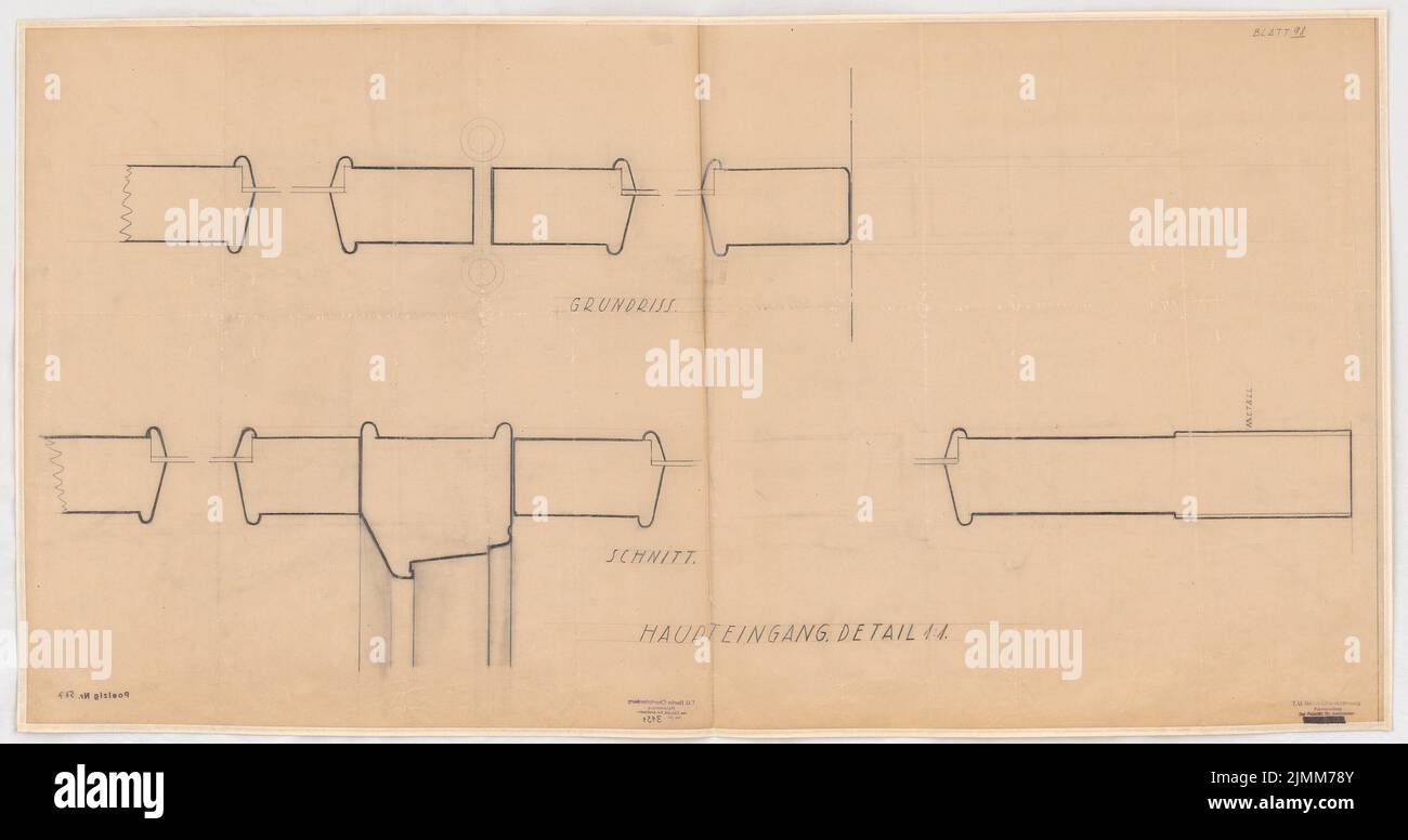 Poelzig Hans (1869-1936), Sigmund Goeritz AG, Chemnitz (1924-1926): Ingresso principale, dettaglio porta 1: 1. Matita su trasparente, 58,1 x 110 cm (inclusi i bordi di scansione) Foto Stock