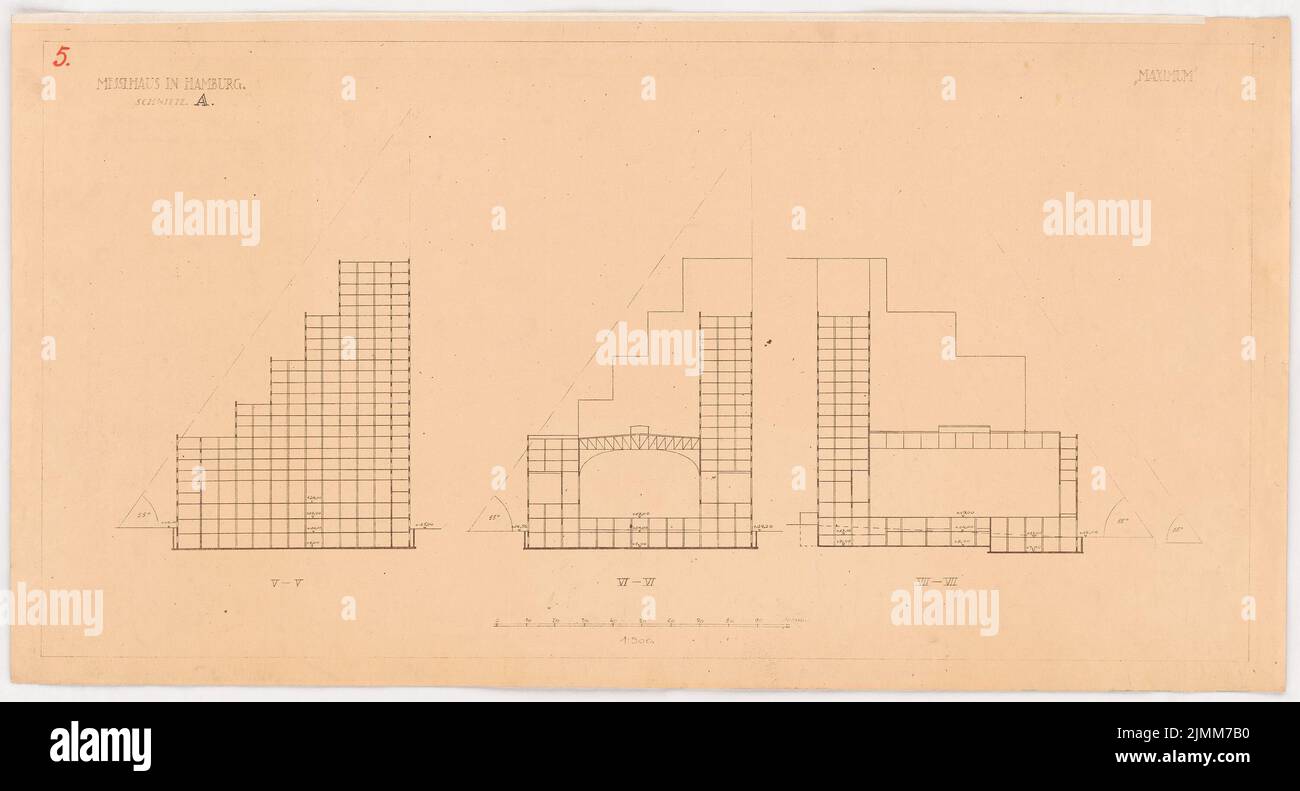 Poelzig Hans (1869-1936), centro espositivo di Amburgo. Proposta B (1925): 5 tagli 1: 500. Matita su trasparente, 48 x 88,9 cm (inclusi i bordi di scansione) Foto Stock