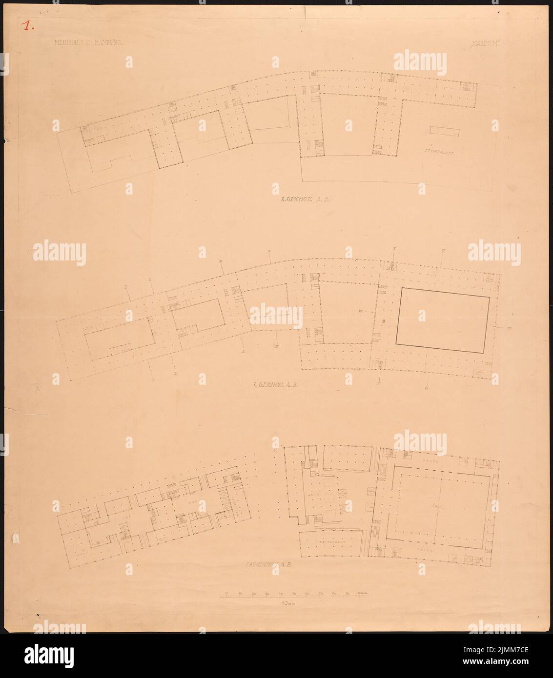 Poelzig Hans (1869-1936), centro espositivo di Amburgo. Proposta A e B (1925): Pianta piano terra, 5th e 10th piano 1: 500 (copia del N. fatt. 3259). Rottura leggera sulla carta, 93,8 x 81,8 cm (inclusi i bordi di scansione) Foto Stock