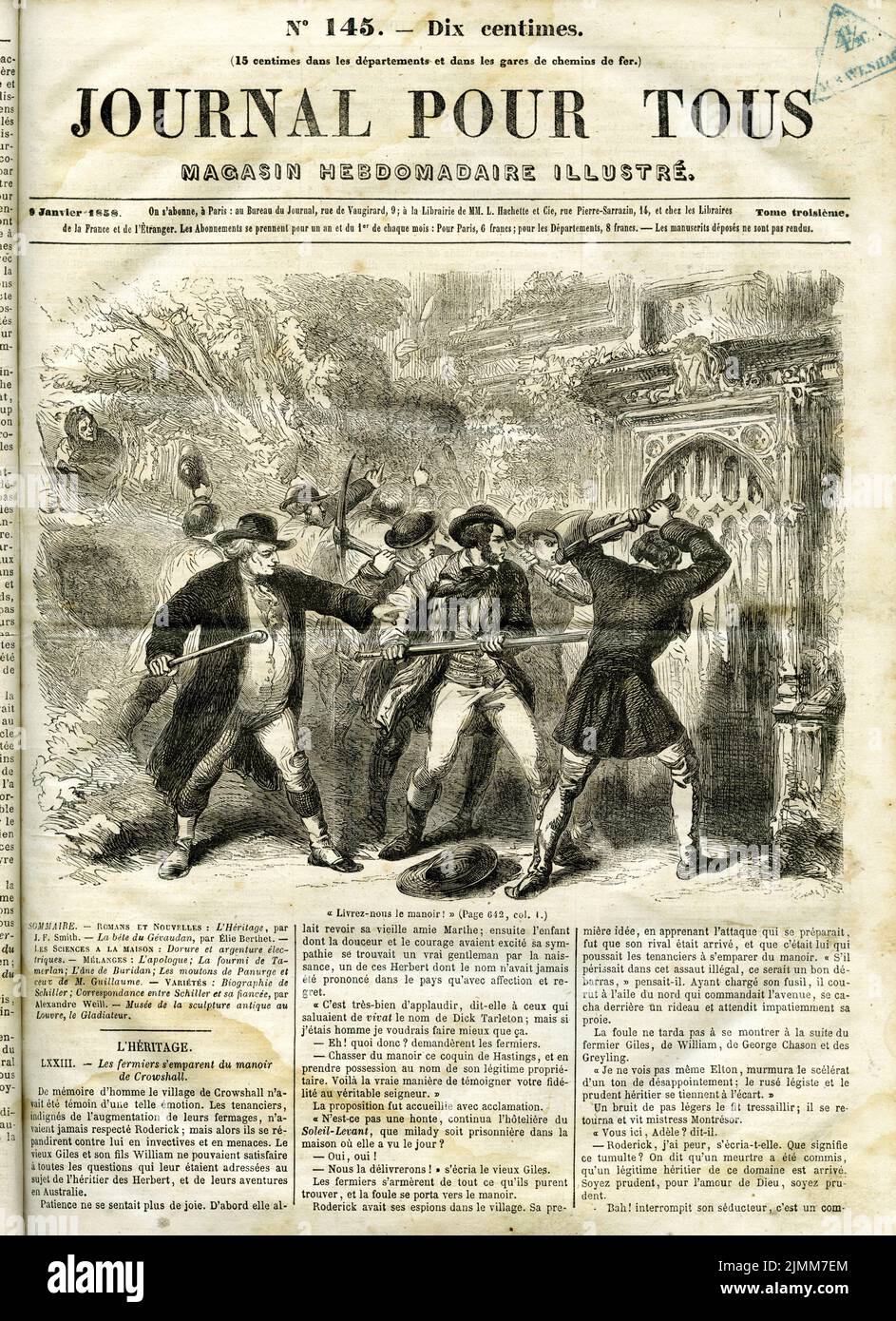 Copertina della rivista francese Journal pour Tous (giornale per tutti) nel 1856, mostrando una folla che attacca un edificio Foto Stock