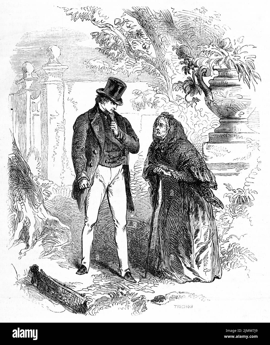 Illustrazione della rivista francese Journal pour Tous (giornale per tutti) nel 1856 che mostra un uomo che incontra una donna anziana in un parco o in un giardino Foto Stock