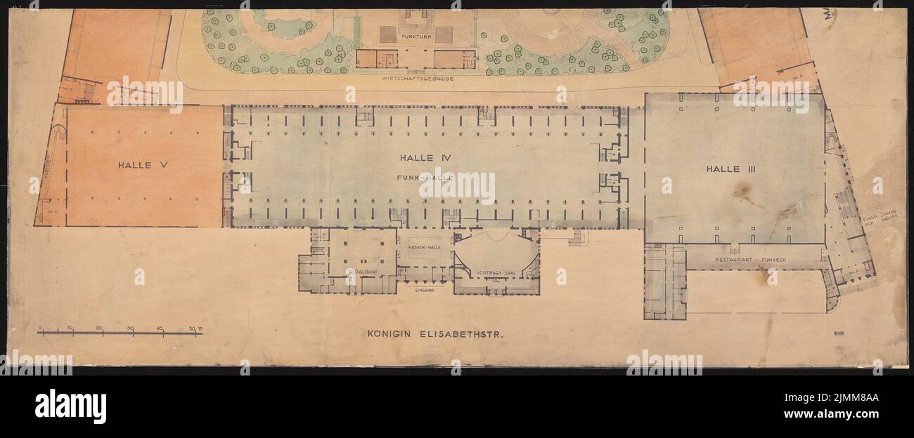 Poelzig Hans (1869-1936), centro esposizioni, Berlino (1928-1930): Grundriss Eg della sala d'ingresso e delle sale III, IV (sala radio), V, scala bar. Colore, 62,4 x 151,8 cm (inclusi i bordi di scansione) Foto Stock