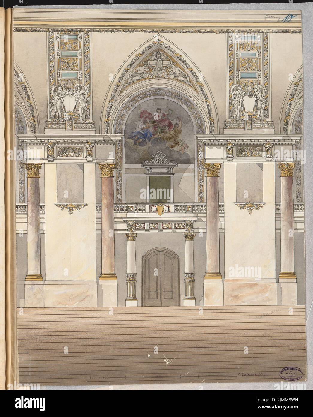 Spalding otto (nato nel 1863), progetto per un teatro folk. Schinkel concorrenza 1892 (1892): Estratto prospettiva di vista 1:33 1/3. Acquerello Tusche sulla scatola, 63,8 x 51,3 cm (inclusi i bordi di scansione) Foto Stock