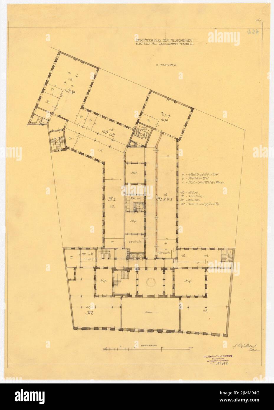 Messel Alfred (1853-1909), edificio amministrativo dell'AEG (Allgemeine Elektrizitätsgesellschaft) a Berlino (1905-1907), pianta 2nd, 1: 200, acquerello a matita su trasparente, tu UB Plan collection inv. N. 12053 Foto Stock