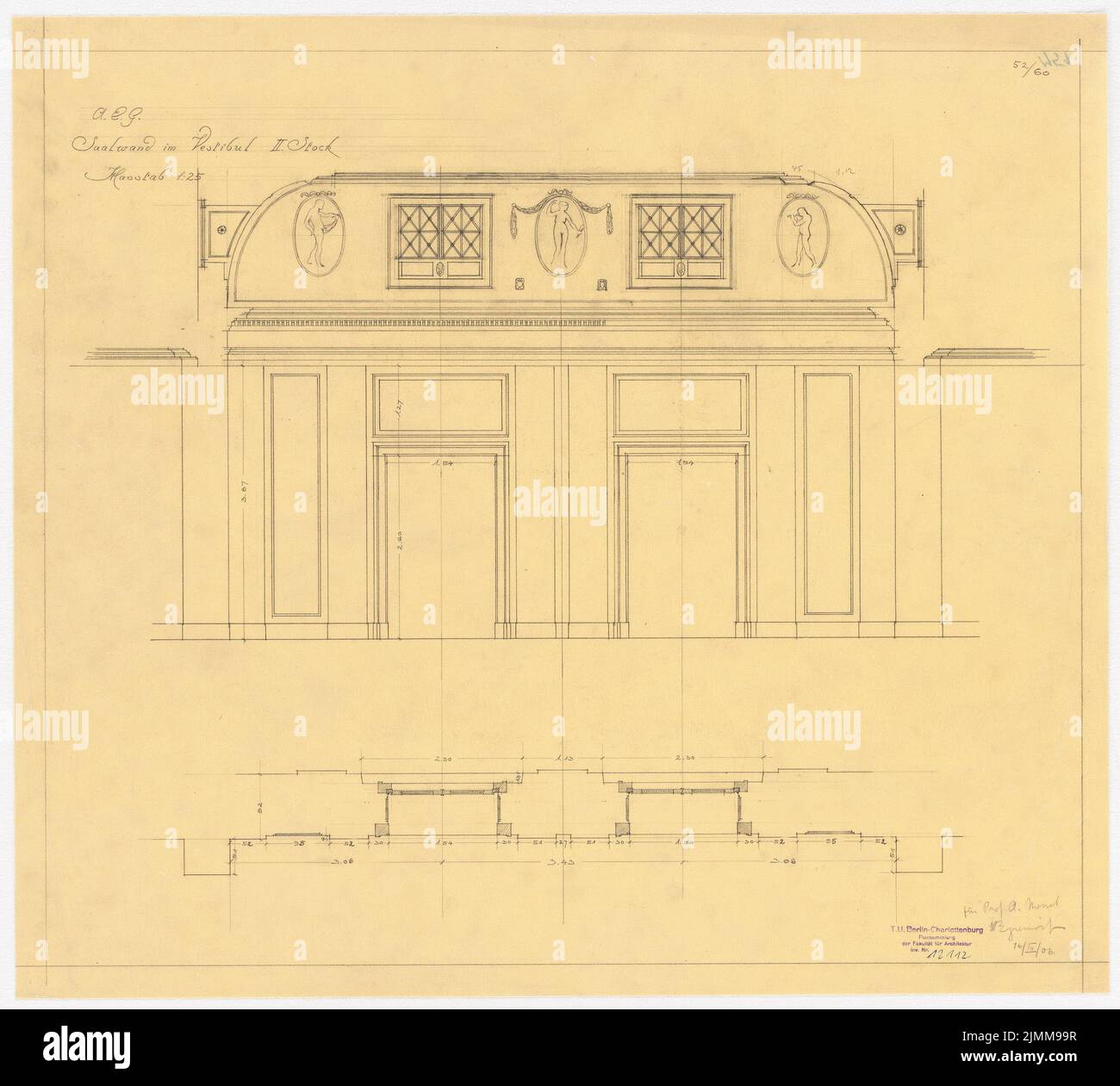 Messel Alfred (1853-1909), edificio amministrativo dell'AEG (Allgemeine Elektrizitätsgesellschaft) a Berlino (16.03.1906), Saalwand a Vestibül 2nd 1:25, matita su trasparente, tu UB Plan collection inv. N. 12112 Foto Stock