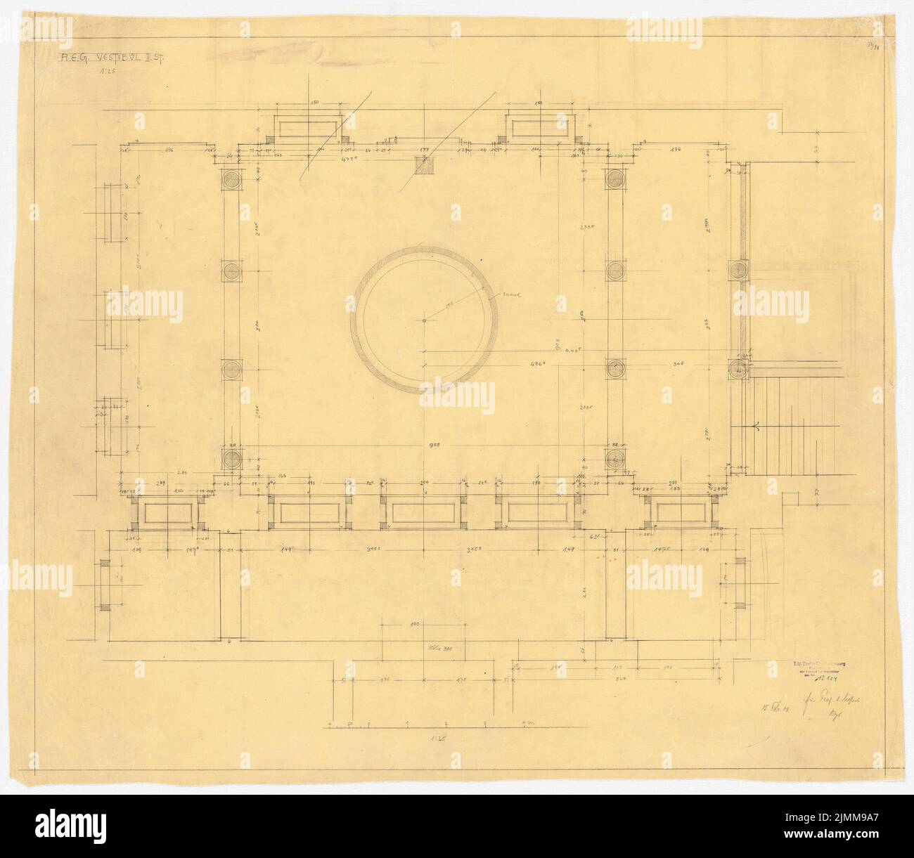 Messel Alfred (1853-1909), edificio amministrativo dell'AEG (Allgemeine Elektrizitätsgesellschaft) a Berlino (15 febbraio 1906), Vestibül Grundriss 2nd floor 1:25, matita su trasparente, tu UB Plan collection inv. N. 12104 Foto Stock