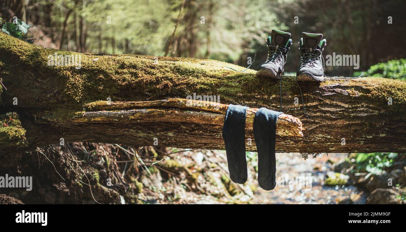 Coppia di stivali alti da trekking che si asciugano con calze bagnate sullo sfarzato su un ruscello di foresta sotto il caldo sole autunnale. Persone attive nella natura c Foto Stock