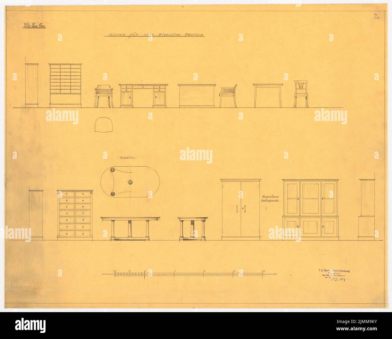 Messel Alfred (1853-1909), edificio amministrativo dell'AEG (General Elektrizitätsgesellschaft) a Berlino (1905-1907), mobili, matita su trasparente, tu UB Plan collection inv. N. 12198 Foto Stock