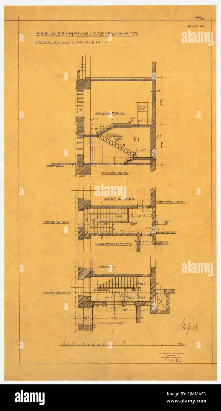 Messel Alfred (1853-1909), edificio commerciale della Handelsgesellschaft di Berlino. Espansione (1905-1907), scale al passaggio: Pianta, taglio 1: 50, matita su trasparente, tu UB collezione piano inv. N. 12422 Foto Stock