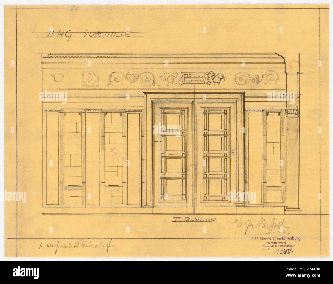 Messel Alfred (1853-1909), edificio commerciale della Handelsgesellschaft di Berlino. Espansione (20.03.1907), porta salone, matita su trasparente, tu UB Plan collection inv. N. 12454 Foto Stock