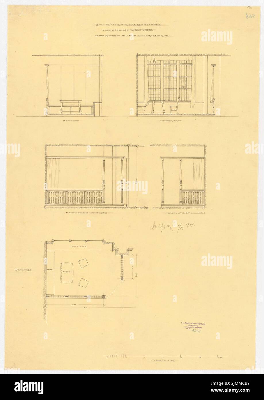 Messel Alfred (1853-1909), Wertheim, Leipziger Straße, Berlino. 3. Fase di costruzione, estensione Voßstraße (1 ottobre 1901), prova vino 2nd piano: Pianta del pavimento, vista parete, 1:25, matita su trasparente, tu UB Plan collection inv. N. 12818 Foto Stock