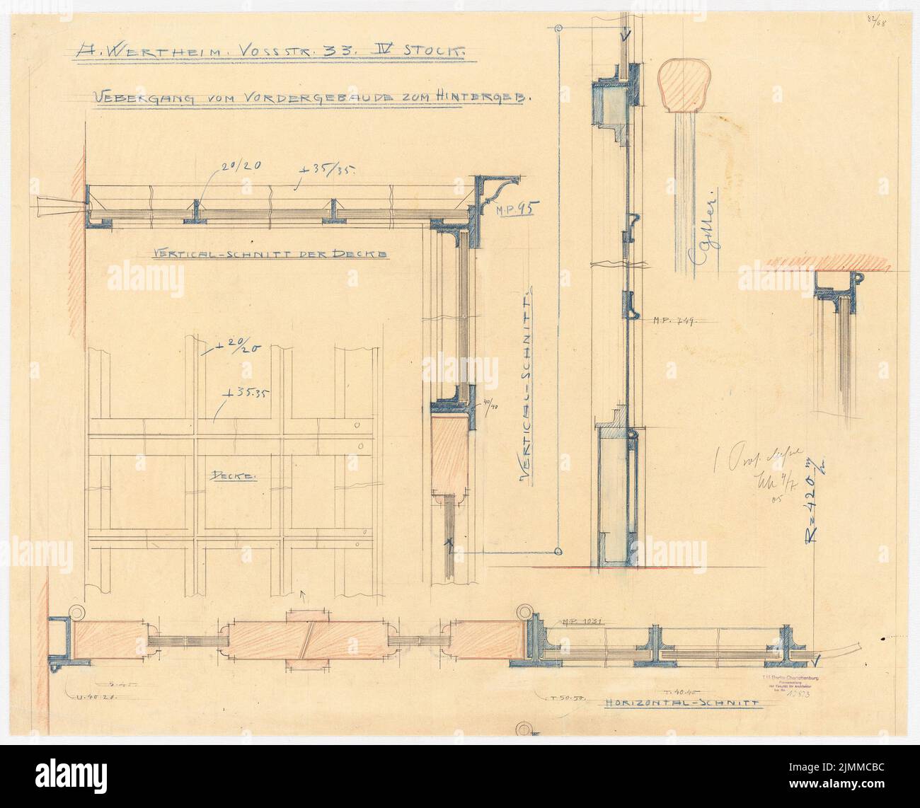 Messel Alfred (1853-1909), Wertheim, Leipziger Straße, Berlino. 3. Fase di costruzione, estensione Voßstraße (04.07.1905), transizione dal fronte a Hinterhaus: Tagli, dettagli, matita, matita colorata su trasparente, tu UB Plan collection inv. N. 12823 Foto Stock