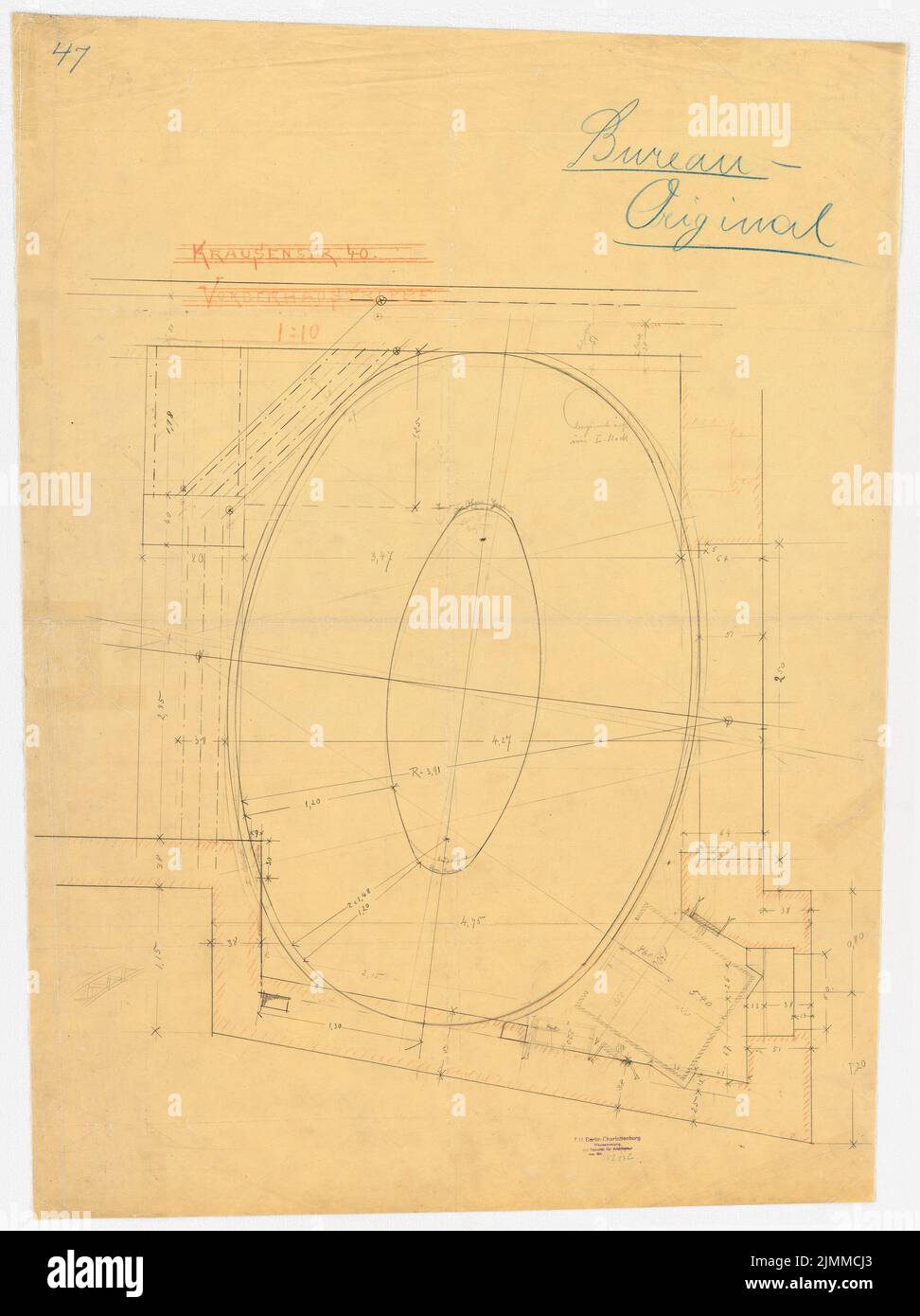 Messel Alfred (1853-1909), edificio residenziale e commerciale, Berlino (1893), scale Vorderhaus: Pianta del pavimento, matita, matita colorata su trasparente, tu UB Plan collection inv. N. 12882 Foto Stock