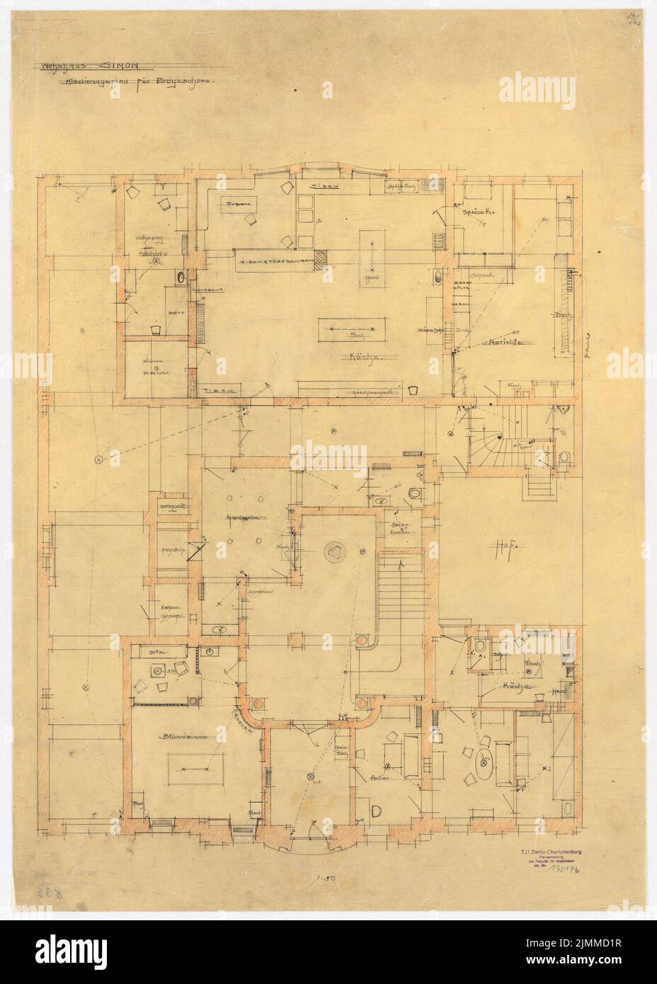 Messel Alfred (1853-1909), edificio residenziale Dr. E. Simon, Berlino (1902-1902), piano mobili piano terra 1:50, matita, matita colorata su trasparente, tu UB Plan collection inv. N. 13017,2 Foto Stock