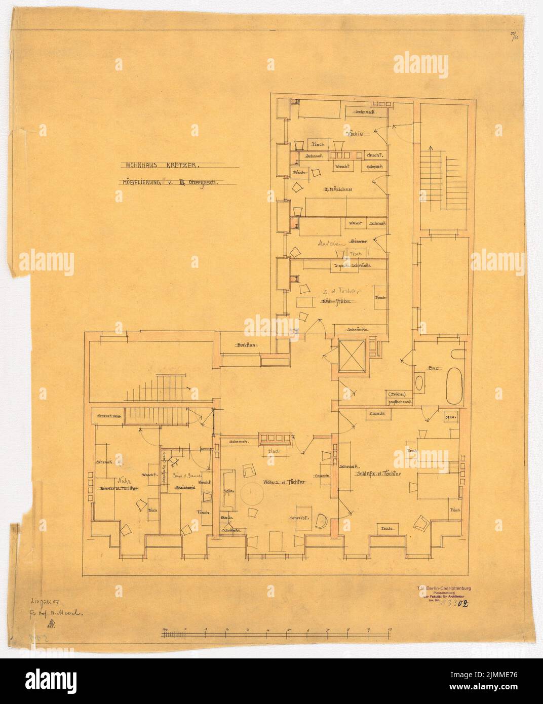 Messel Alfred (1853-1909), Villa E. Kretzer, Berlino (07/10/1907), piano mobili 3rd piano 1:50, matita, matita colorata su trasparente, tu UB Plan collection inv. N. 13302 Foto Stock