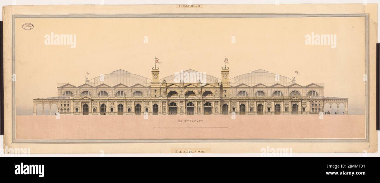 Mylius & Bluntschli, stazione ferroviaria principale di Francoforte sul meno. Reception building (1880): Vista. Acquerello Tusche sulla scatola, 63 x 152,4 cm (inclusi i bordi di scansione) Foto Stock