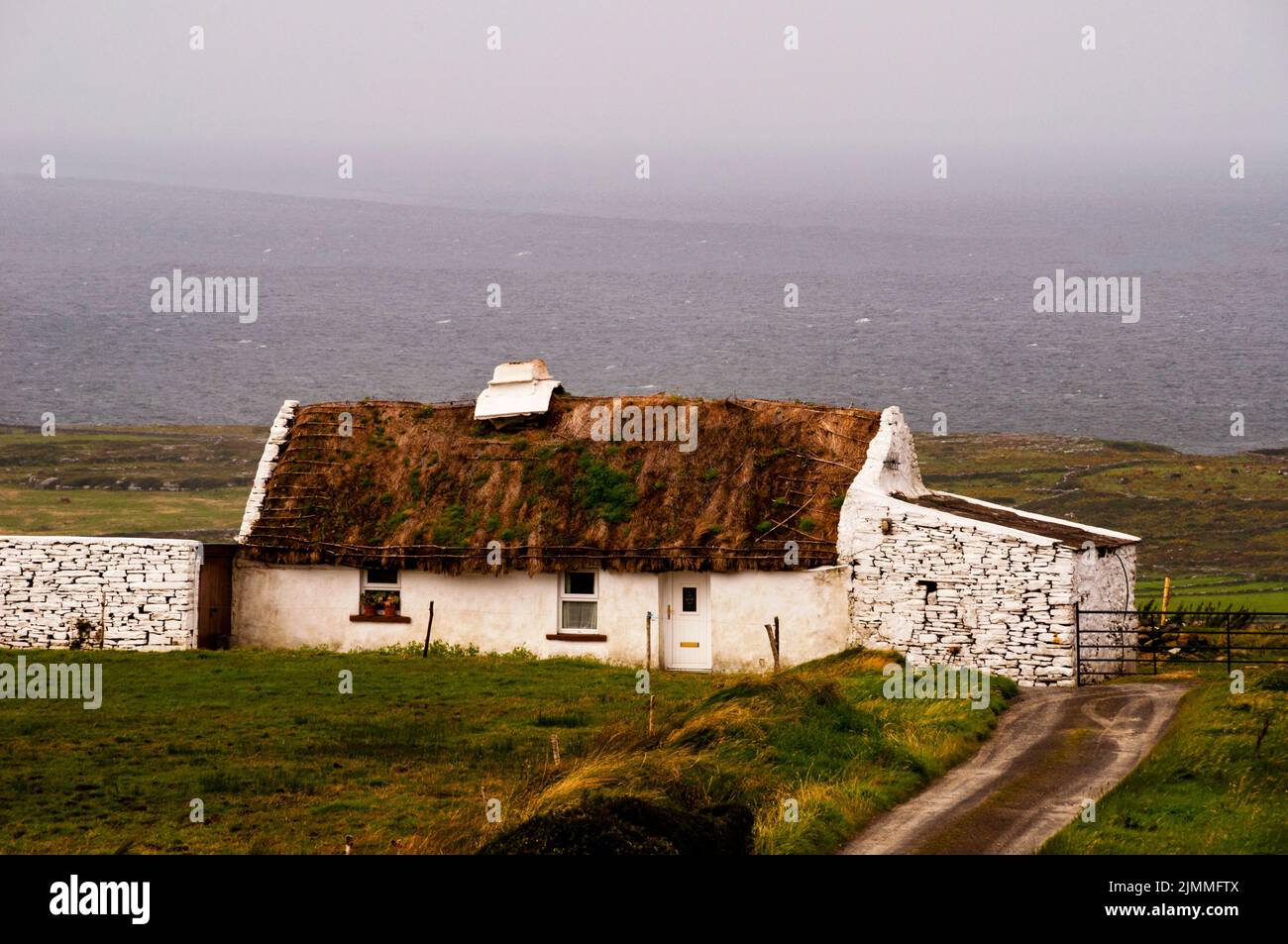 Cottage con tetto in paglia ai margini del Burren in Irlanda. Foto Stock