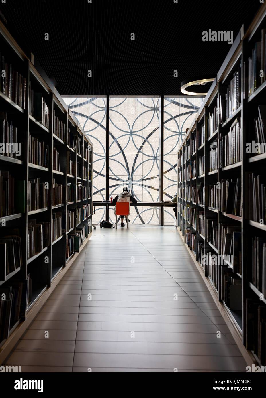 Studente in una biblioteca moderna e scura che studia da solo. Foto Stock