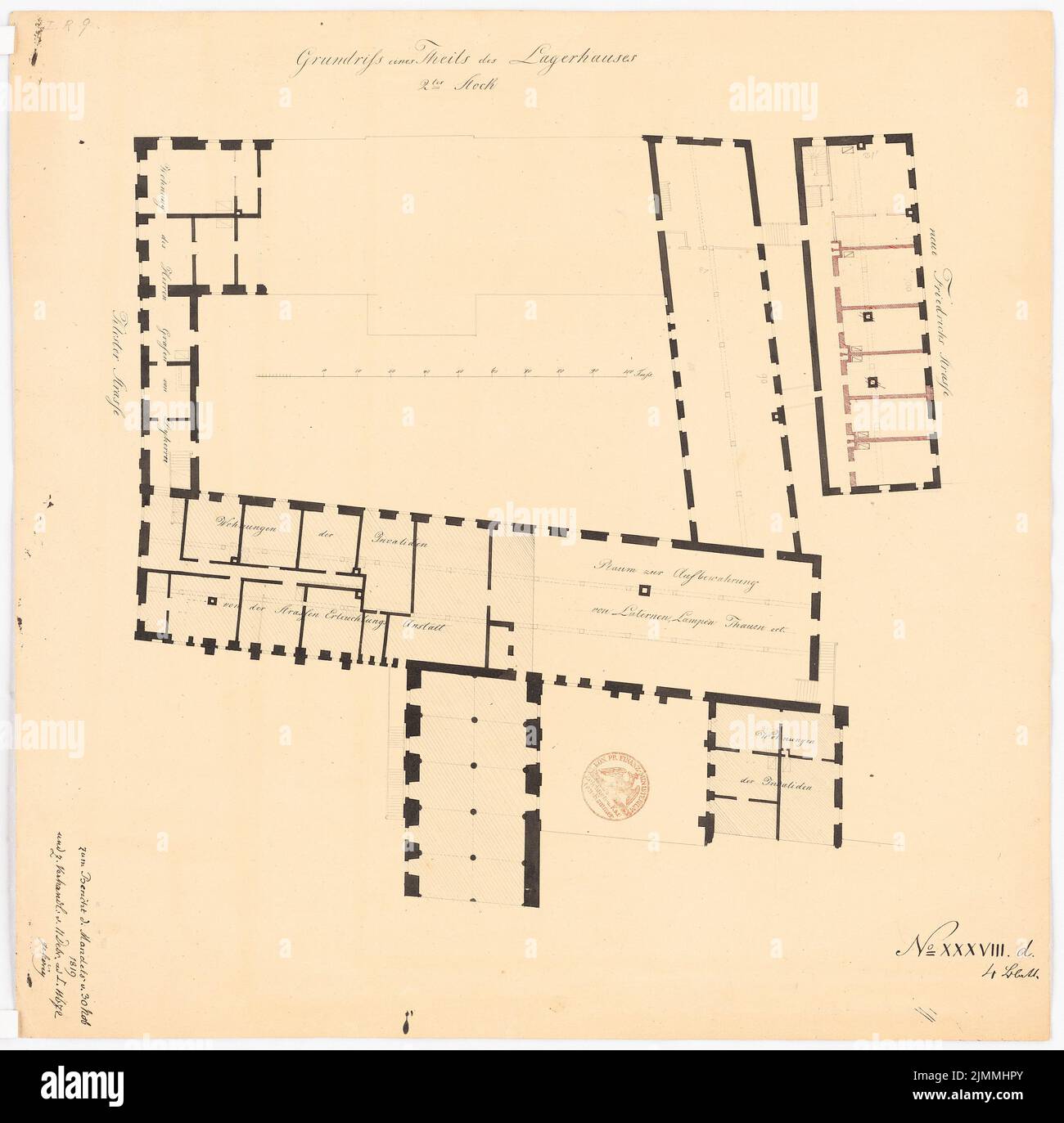 Unknown architect, Berlin High School (monastero grigio), Berlino (30 novembre 1819): Pianta di una parte del magazzino 2nd piano. Inchiostro colorato su cartone, 49,9 x 50,5 cm (inclusi i bordi di scansione) Foto Stock