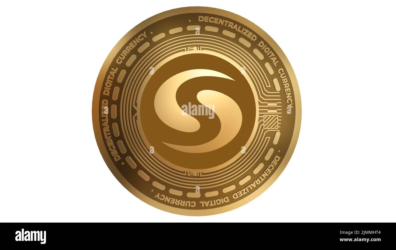 3D Render of Gold Syscoin SYS Cryptocurrency Sign isolato su sfondo bianco Foto Stock