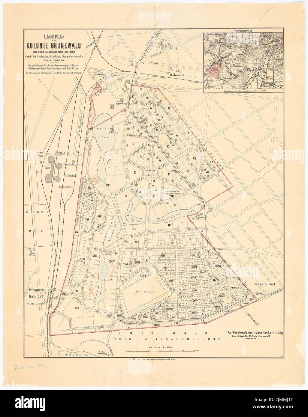 Architetto sconosciuto, colonia Grunewald, Berlino (senza dat.): Pianta del sito 1: 4000. Matita colorata ad acqua con pressione sulla carta, 85,2 x 67,2 cm (inclusi i bordi di scansione) Foto Stock
