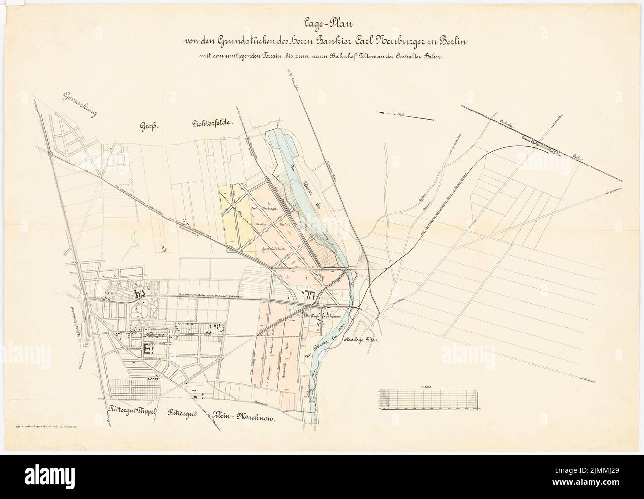 Architetto sconosciuto, appezzamenti del banchiere Carl Neuburger alla stazione ferroviaria di Teltow, Berlino (senza dat.): Department plan 1: 8000. Matita acquerello con pressione sulla carta, 65,6 x 92,9 cm (inclusi i bordi di scansione) Foto Stock
