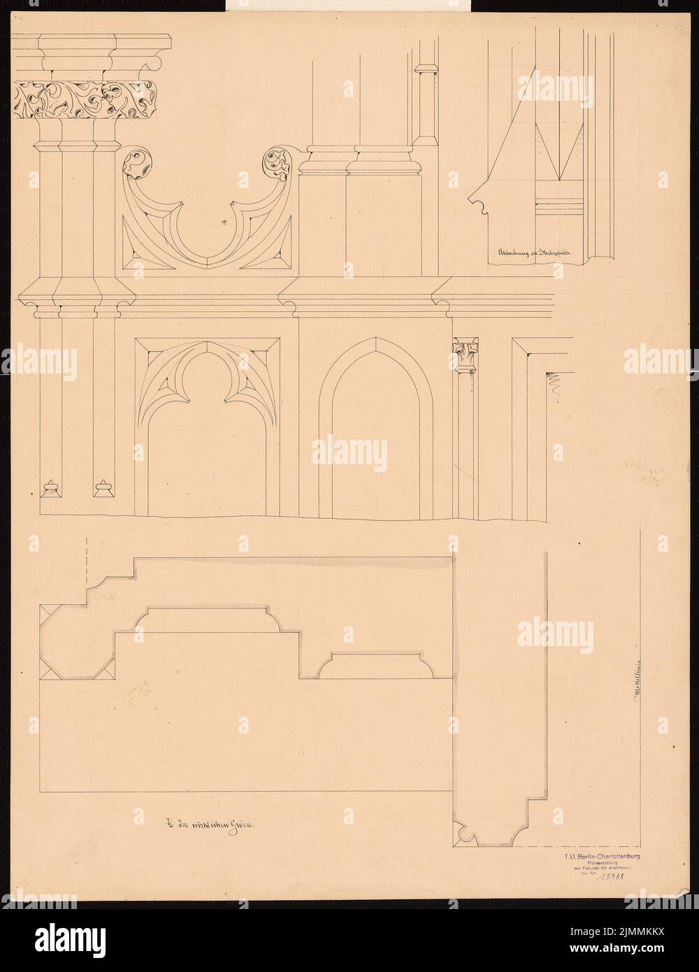 Schmidt Friedrich von (1825-1891), chiesa parrocchiale cattolica a Hamm-Bockum (1857): Vista parziale del Trey Gable. Inchiostro, matita su cartone, 63,3 x 48,7 cm (inclusi i bordi di scansione) Foto Stock