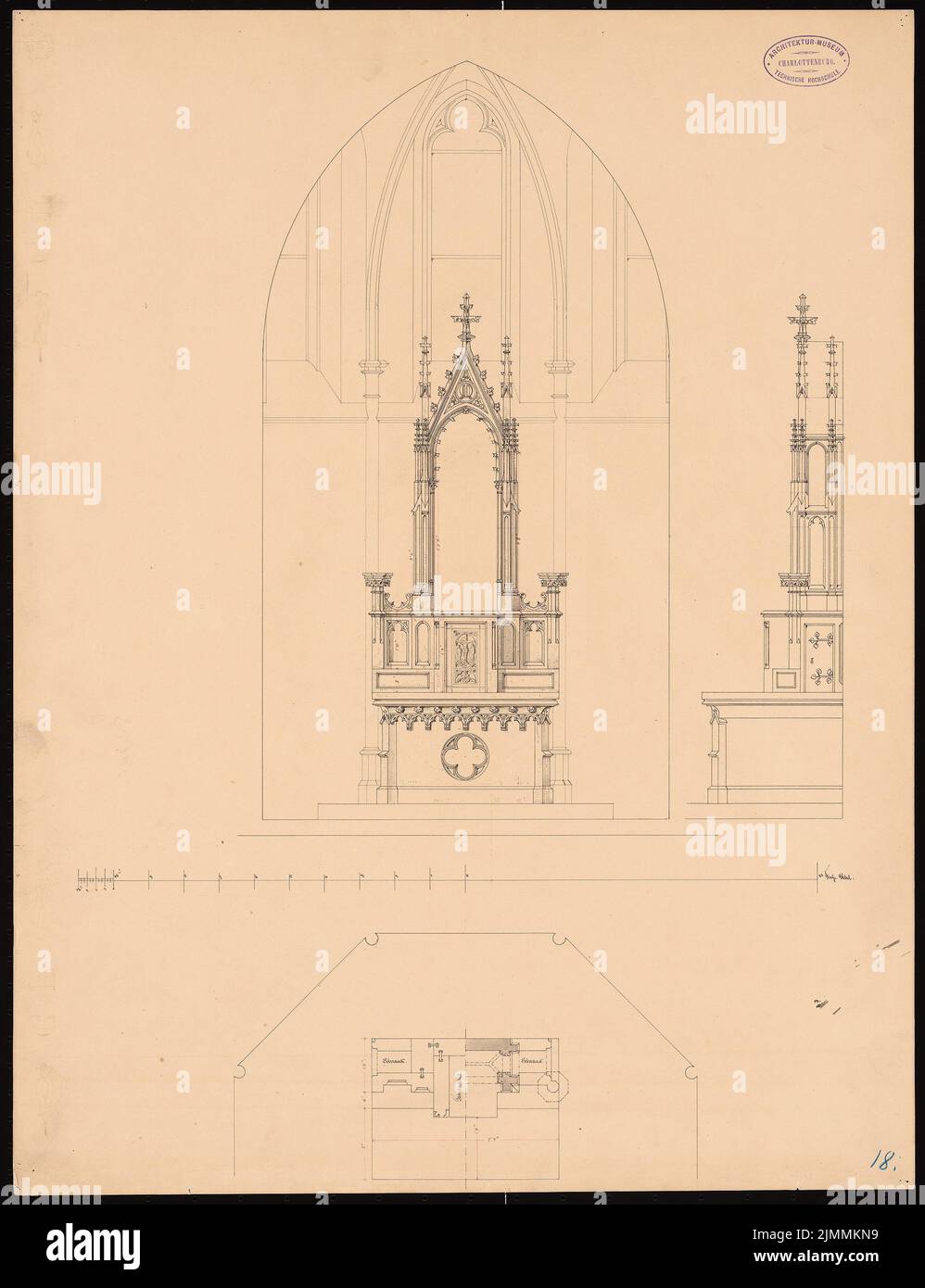 Schmidt Friedrich von (1825-1891), chiesa parrocchiale cattolica di Hamm-Bockum (1857): Pianta e vista dell'altare. Inchiostro, matita su cartone, 63,1 x 48,5 cm (inclusi i bordi di scansione) Foto Stock