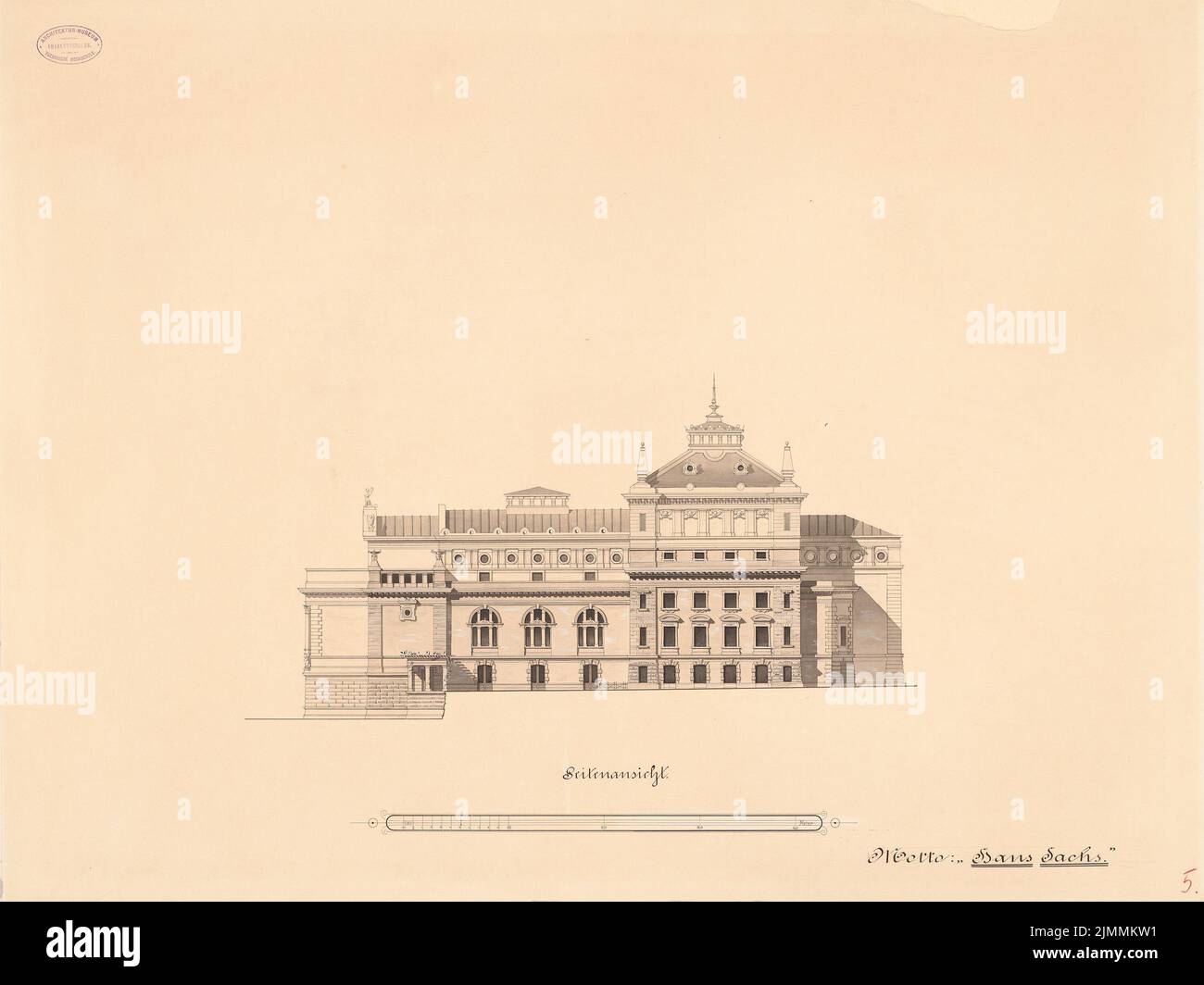 Neckelmann & Schmidt, Stadttheater a Halle/Saale (1885): Vista laterale. Acquerello Tusche, cartoncino bianco con titolo, 62,4 x 83,3 cm (inclusi i bordi di scansione) Foto Stock