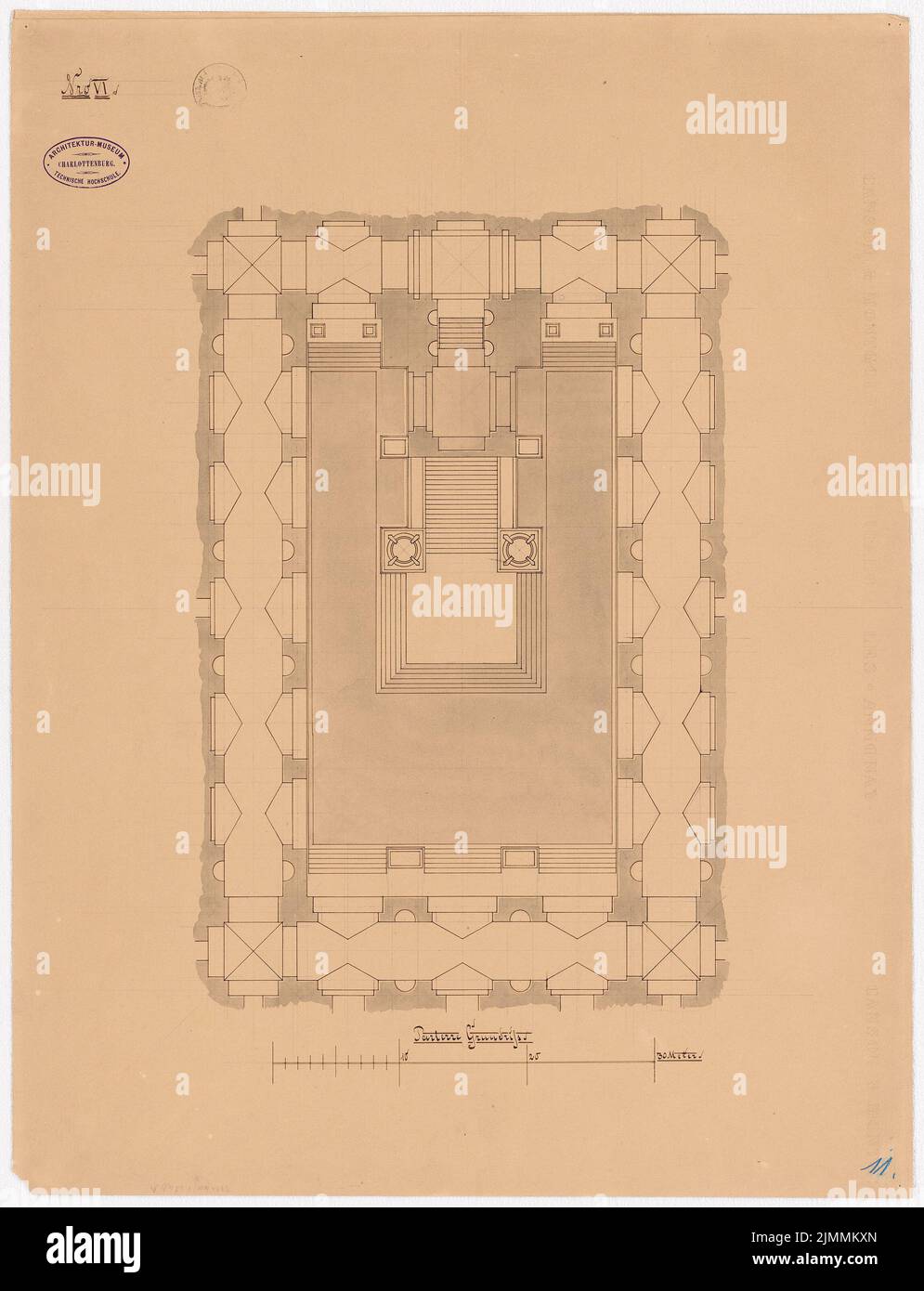 Sehring Bernhard (1855-1932), Accademia delle Arti, Berlino (1883): Pianta del piano piano terra, cortile. Matita e inchiostro acquerello sulla scatola, 63,1 x 48,4 cm (inclusi i bordi di scansione) Foto Stock