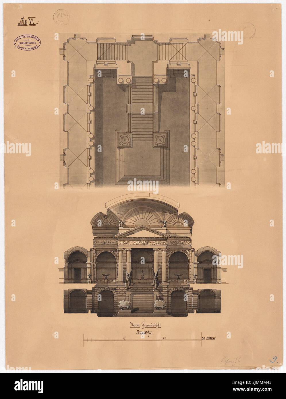 Sehring Bernhard (1855-1932), Accademia delle Arti, Berlino (1883): Pianta parziale OG, sezione trasversale. Matita e inchiostro acquerello sulla scatola, 63,1 x 48,4 cm (inclusi i bordi di scansione) Foto Stock