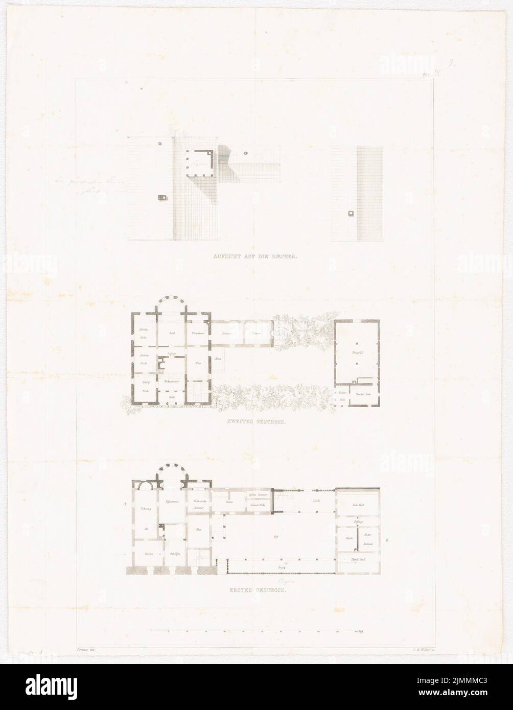 Persius Ludwig (1803-1845), l'appartamento ufficiale del Hofgärtner Sello a Sanssouci, Potsdam. Modifica. (Da: L. Persius, Arch. D. F. D. REMMUT PROCATION BAY, 1845/49) (1845-1849): TAFEL 9. Grundrisse. Cucitura su carta, 46,2 x 35,7 cm (inclusi i bordi di scansione) Foto Stock