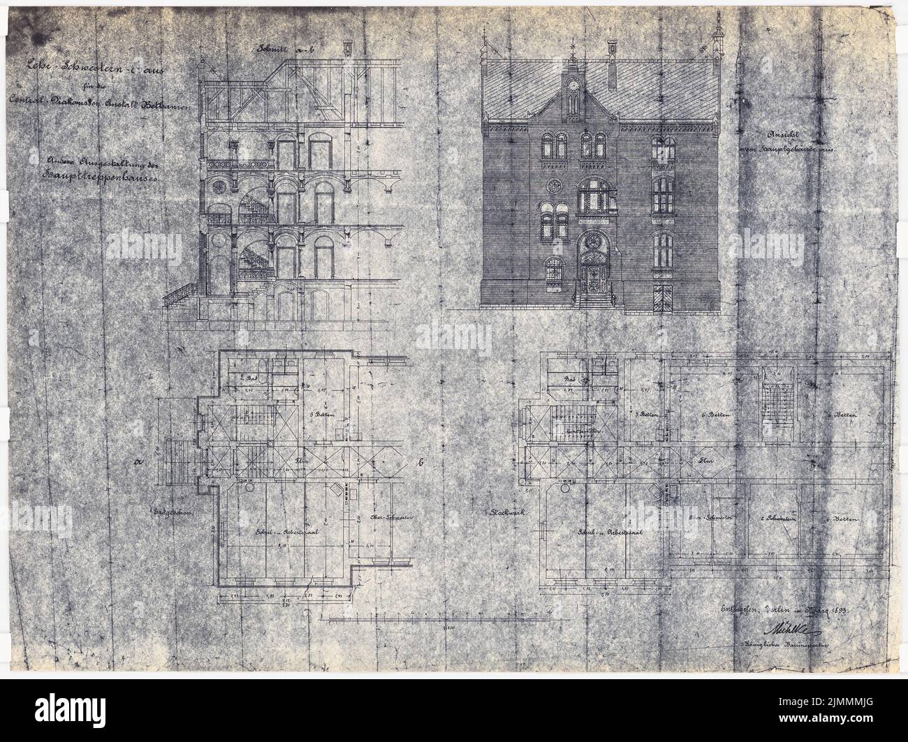 Mühlke Carl (nato nel 1851), ospedale Evangelical Deaconess di Bethanien a Berlino-Kreuzberg. Casa delle suore didattiche (Martha-Maria-Haus) (03,1893): Grundriss EG e piano 1st, strappare l'edificio principale, tagliare A-B della scala principale 1: 100 (variante). Rottura leggera sulla carta, 49,4 x 66 cm (inclusi i bordi di scansione) Foto Stock